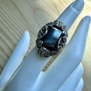 VTG Accent Statement Ring Size 5 Hematite Stone Marcasite 925 Sterling 7.2g READ